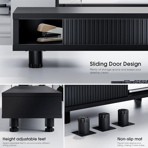 Image of Fenge Dual Monitor Stand, 42.5inch Long Monitor Stands Riser for 2 Monitors, Glass Sliding Door with Storage Organizer Stand for Desk, 2 Tier Desk Shelf for Laptop, Pc, Printer, Computer, TV