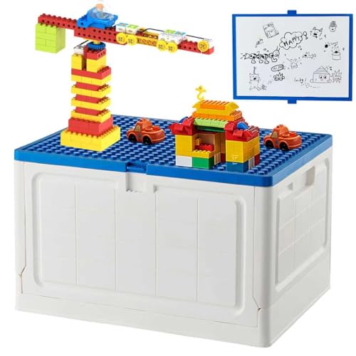 BOSEDSANG Folding Storage Box with Large Building Lid for Duplo Blocks 28L Collapsible Storage Bin with Back Drawing Board 29 Qt. Container Storage -1 Pack- Blue