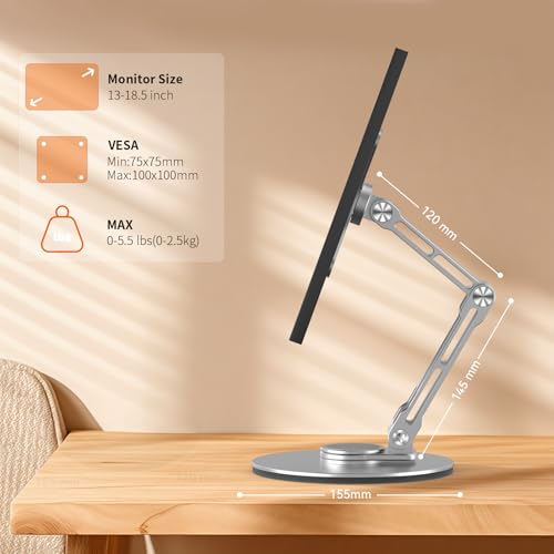 Image of Portable Monitor Stand VESA Mount, Tilt & Rotation Joints Use Metal Hinges, Foldable Aluminum Desk Mount for 13-18.5 Inch & up to 5.5 lbs Small Monitors, Suitable for Home Office Travel (Silver)