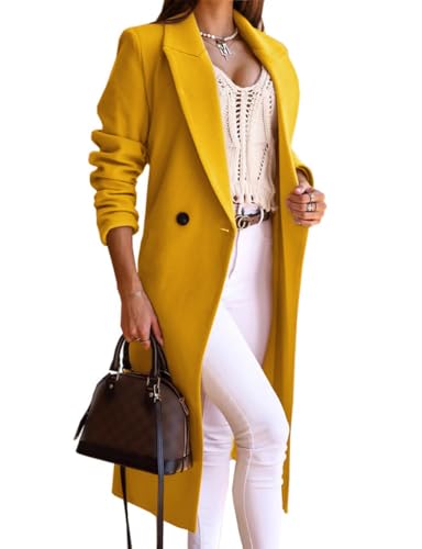 Image of IDEALSANXUN Long Wool Coats for Women 2025 Fall Trench Coat Peacoat Double Breasted Blazer Jackets Overcoat Dress Winter Coat,Yellow,M