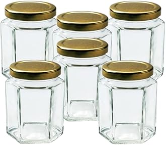 Offer Shop Glass Jam Jars Set of 6 Mason Glass Jars with Gold Lids - 280ml / 9oz Hexagonal Jars of Screw Top Lid to Preserve Jam Spices Sweets
