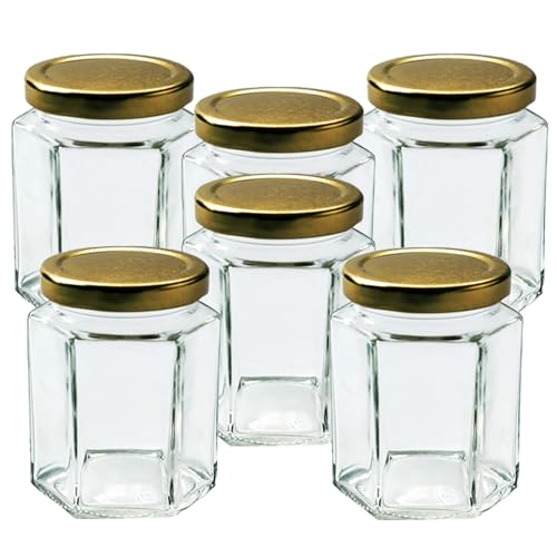 Offer Shop Glass Jam Jars Set of 6 Mason Glass Jars with Gold Lids - 280ml / 9oz Hexagonal Jars of Screw Top Lid to Preserve Jam Spices Sweets