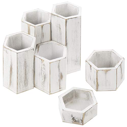 MyGift Whitewashed Wood Hexagonal Jewelry Display Risers, Set of 6