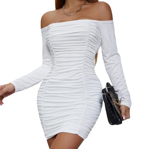 Belriviere Womens Sexy Mini Dress Bodycon Ruched Off The Shoulder Long Sleeve Short Dresses for Party Night Out Clubwear XL White