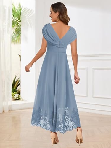 Tea Length Mother of The Bride Dresses Chiffon Lace V Neck Cap Sleeve A Line Long Formal Wedding Guest Dress2