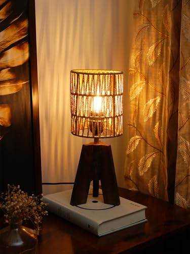 Image of Green Girgit Decorative Tri-Leg Stand Wooden Table Lamp with Dori Designed Cylindrical Lamp Shade Bedside & Reading Night Lamp for Bedroom, Living Room & Home Decor | Warm Ambient Light