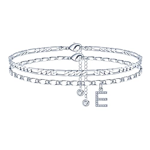 Image of Ursteel Ankle Bracelets for Women, 14K-Gold-Plated Dainty Layered Chain CZ Initial Anklets Set Summer Jewelry Gifts for Women