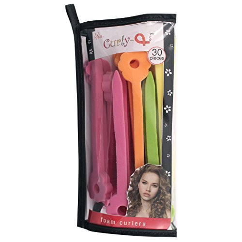 Mia Curly Qs, Soft Foam Hair Curling Sticks, Looks Like A"Q" When In Hair, 30 Pieces, Pink, Orange, Green, Yellow, Zippered Storage Pouch