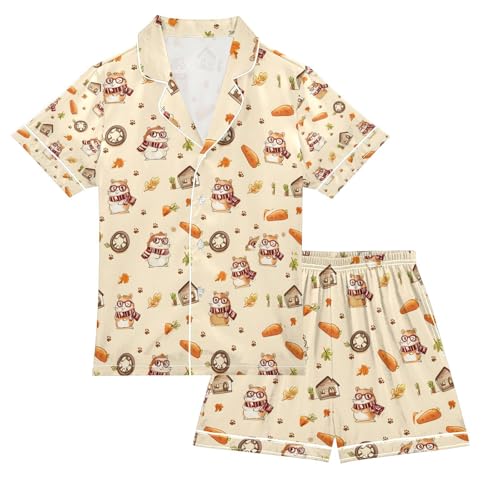 senya Cute Squirrel Carrot Satin Summer Pajama Sets Silk Short Sleeve Button Down Sleepwear