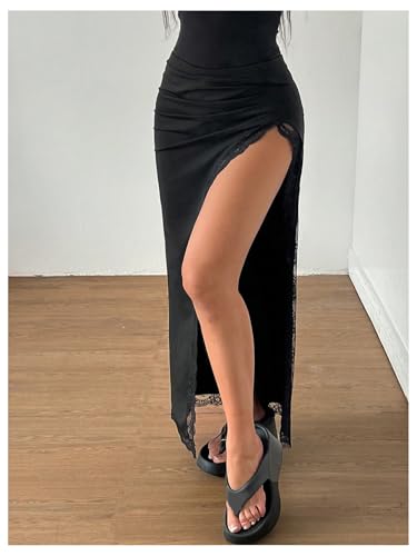 SOLY HUX Women's Lace Maxi Skirt Y2k Low Rise Ruched Split Bodycon Long Skirts Party Clubwear3