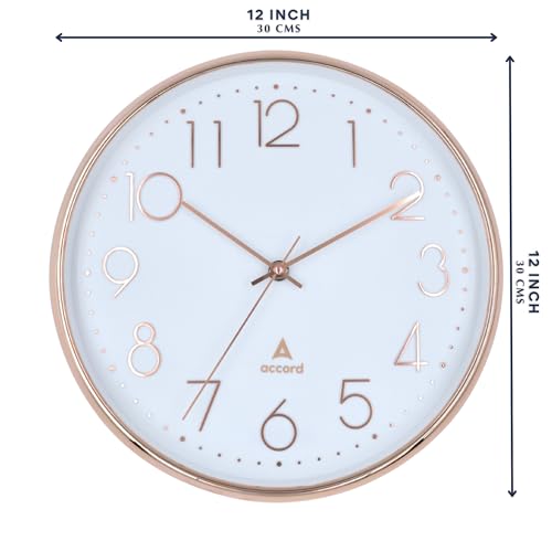 Image of Premium Contemporary Analog Wall Clock with Silent Sweep Noiseless Movement - Rose Gold Frame - HD Clear Glass Surface - 12 inch / 30.5 cm - Model TIME Square in Rose Gold