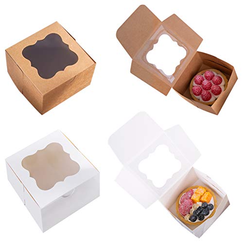 50 Pack White Bakery Box with Window 4x4x2.5 inch Eco-Friendly Paper Board Cardboard