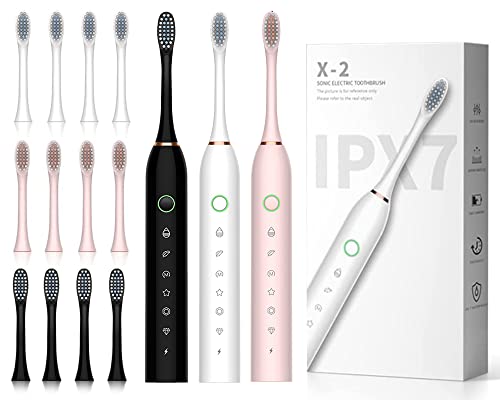 Lukern 3 Pack Electric Toothbrushes Sonic Toothbrush Whitening with 12 Brush Heads, 6 Cleaning Modes and Smart Timer, for Adults Rechargeable Waterproof Cleaning Toothbrushes Black+White+Pink