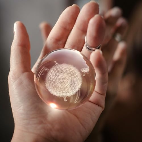 Flexzion 3D Dandelion Crystal Ball Night Light - LED Light Hologram Glass Lamp with Solid Wood Base, USB Powered Crystal Ball Lamp with Adjustable Brightness for Home Decor Display Gift, 2.4inch(60mm)