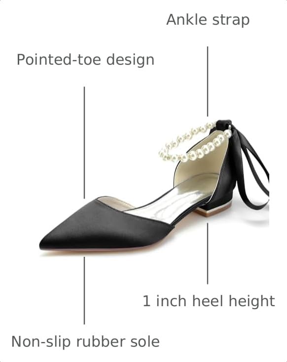 Image of Women's Pointed Toe Pumps Pearl Satin Wedding Shoes for Bride Flats Ankle Strap Bridal Shoes Formal Prom Party Dress Pumps Sandals