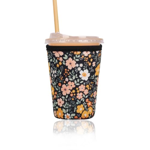 Image of Reusable Insulated Sleeve for Iced Coffee Cup, Coffee Neoprene Sleeve for Cold & Hot Drinks, Beverage Holder for Iced Coffee (Midnight Daisies, Small: 16-18oz)
