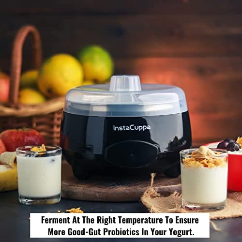 InstaCuppa Automatic Probiotic-Rich Yogurt Maker with Auto Temperature Regulation, Easy To Operate Electric Curd Maker Machine for Home, Premium 304 Stainless Steel Inner Container, 1 Liter, Black