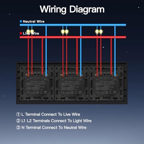 BSEED Smart Lichtschalter 2 Fach 1 Weg Tripple Wlan Smart Lichtschalter arbeitet mit Amazon Alexa/Google Home, WIFI Taster Schalter PC Rahmen kompatibel mit Smart Life/Tuya-228mm, Schwarz