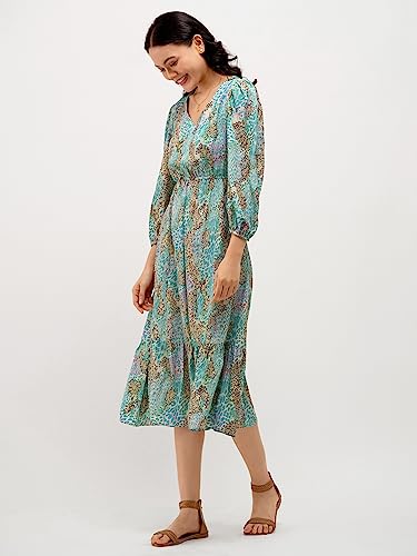 Image of AASK Abstract Printed Puff Sleeve Gathered Detailed Fit Flare Dress