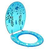 Resin Toilet Seat, Ocean Decorative Toilet Seat with Blue Sea Fish & Shells Quiet Slow-Close Lid with Metal Hinges 360° Rotatable for U- V- and O-Shaped Toilets 14×17 Inch (Blue)