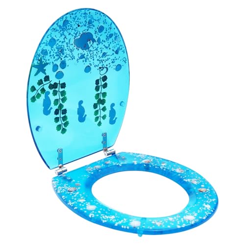 Resin Toilet Seat, Ocean Decorative Toilet Seat with Blue Sea Fish & Shells Quiet Slow-Close Lid with Metal Hinges 360° Rotatable for U- V- and O-Shaped Toilets 14×17 Inch (Blue)
