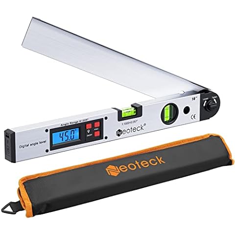 Neoteck Aluminum Digital Angle Finder Protractor 225° 16 inch Backlit LCD Digital with Horizontal and Vertical Bubble - Silver Cover