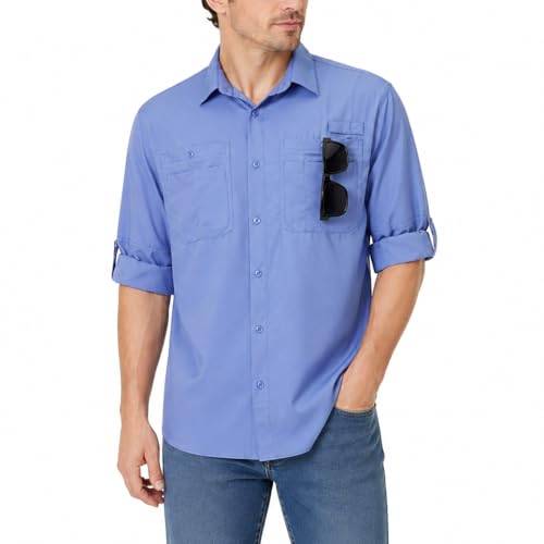 Ousafeve Men’s Fishing Shirts Long Sleeve with Zipper Pockets UPF50+ Quick Dry Cooling Sun Protection Safari Button Down Shirts for Hiking Travel Camping (Light Blue, X-Large)