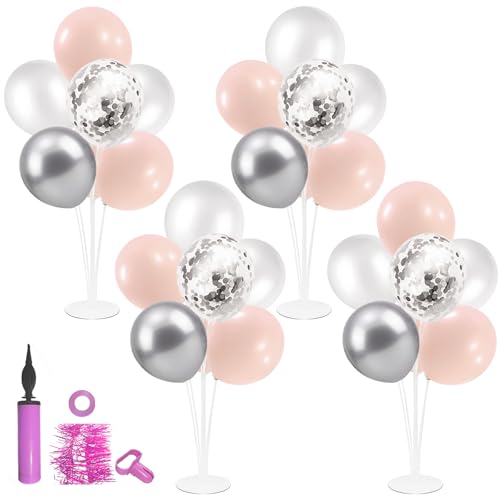 Image of ZJDHPTY 4Set Silver Pink Balloon Stand Girl Baby Shower Decorations | Table Balloon Centerpiece for Girls 1st Sweet 16 Birthday Bridal Shower Engagement Wedding Bachelorette Party Decor