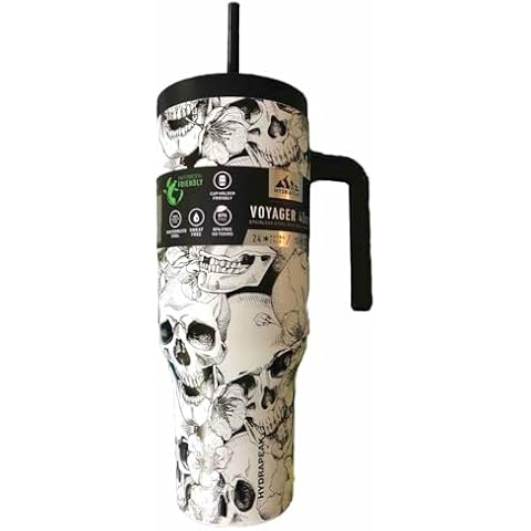 Hydrapeak Voyager Artisan Collection 40 oz Tumbler (Skull) Straw Lid and Straw, White Skulls, HP-Voyager-40-HLW-02-WHITE Cover