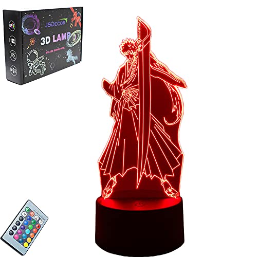 YJS Popular Anime Figure Ichigo Kurosaki LED Light Fans Favorite Xmas Birthday Holiday Party Gift 3D Optical Illusion Desk Lamp Remote Control/Touch Multicolor Night Light (Kurosaki Ichigo 16 Colors)