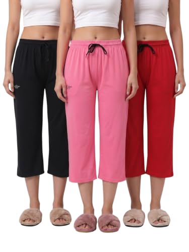 Image of Fflirtygo Women's Cotton Plain Calf Length Capri | Nightwear Pajama | 3 /4th Solid Pyjama Pant | Black Navy and Lavender Lounge Pants | Casual wear & Lounge Wear Capri Combo (Pack of 3)