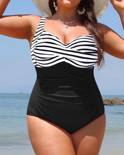 Image of Women Plus Size One Piece Swimsuits Tummy Control Twist Front Bathing Suit | Unremovable Bra, Sweetheart Neckline, Wide Adjustable Straps, Ruched Stomach, Side-Splicing Design, Full Coverage Bottom