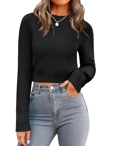 Zeagoo Women's 2026 Fall Crewneck Cropped Sweater Trendy Long Sleeve Ribbed Knit Pullover Jumper Tops Black