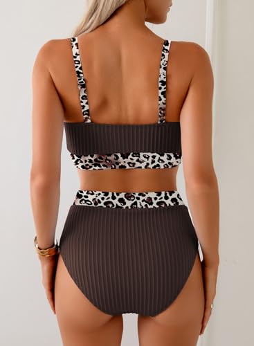 Image of Herseas Women's Textured Bikini Sets Floral Print Trim Scoop Neck Swimsuits High Waisted Bathing Suits