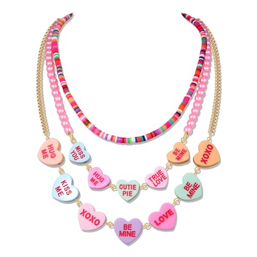 HEIDKRUEGER 3 Pieces Candy Heart Layered Necklace Valentine's Day Conversation Charm Necklace Sweet Valentine's Day Strand Necklace for Women Jewelry (3 Layers Sweet Style)