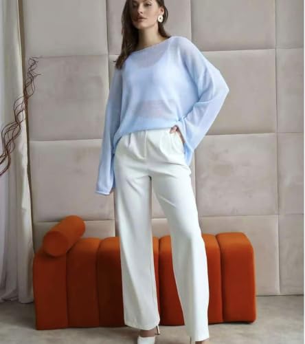 Image of Sweters for Women, Womens Sweater, O-Neck Solid Color See Through Pullover Jumper Shirt Beach