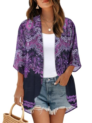 Women's Floral Print Puff Sleeve Kimono Cardigan Loose Cover Up Casual Blouse Tops