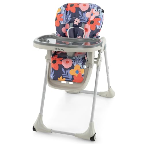 Image of BABY JOY Convertible High Chair for Babies & Toddlers, Height Adjustable, Grow & Go High Chair w/Recline & Footrest, Removable Double Tray, Portable Baby Dinning Chair with Wheels (Flower Purple)