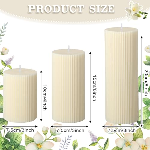 Ribbed Pillar Candles Set of 3, Width 3" High 4" 6" 8" Large Soy Wax Orchids Scented Pillar Candles Aesthetic Ribbed Modern Home Decor for Bathroom Living Room(Cream) - Image 3