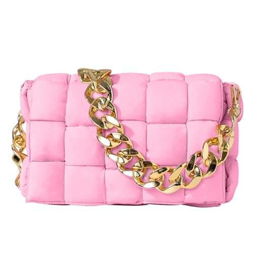 NAARIIAN Puffer Woven Bag Chunk Chain Crossbody Purse Padded Cassette Shoulder Handbags Messenger(Pink)