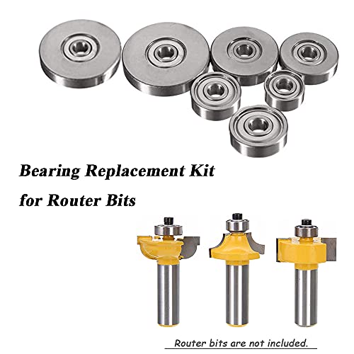 Mesee Top Mounted Bearing Replacement Kit For Router Bits, 7 Pieces Multi-Sizes Rabbeting Router Bit Ball Bearings Guide Set With Setting Screws & Wrench Woodworking Milling Cutter Repair Accessory #TOP3