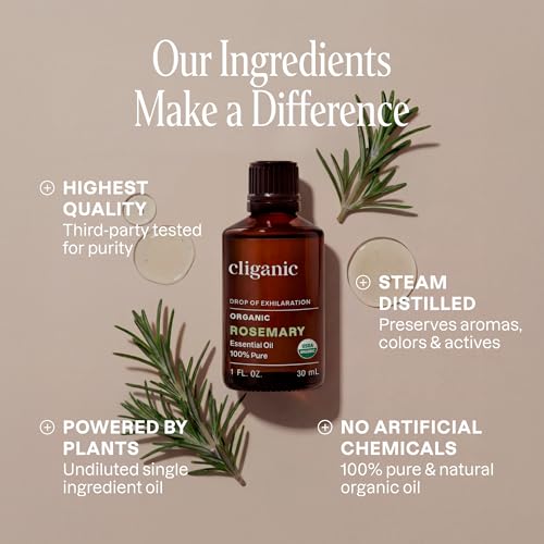 Image of Cliganic Organic Rosemary Essential Oil, 100% Pure Natural, for Hair, Skin, Aromatherapy | Non-GMO Verified