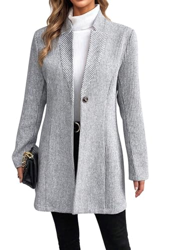 Image of CHARTOU Womens Long Sleeve Casual Wool Jacket Blazer 1 Button Winter Coat Mid-Long Stand Collar Open Front Overcoat (Medium, Grey)