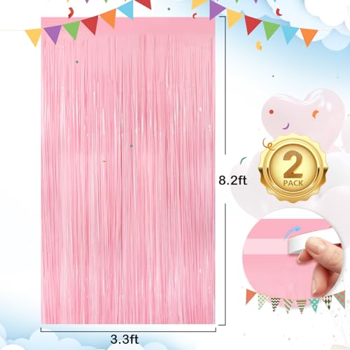Image of 2Pack Pastel Pink Metallic Tinsel Foil Fringe Curtains, 3.3 X 8.3ft Pink Party Streamers Backdrop Curtains for Birthday Party Decorations, Halloween Decor, Foil Curtain Backdrop for Bachelorette Party