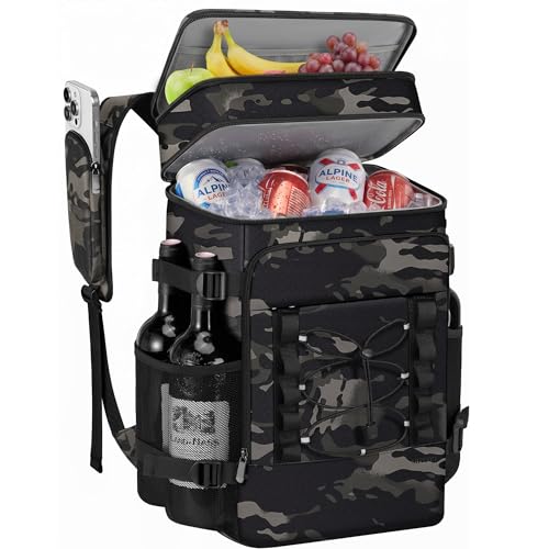 MIYCOO Cooler Backpack - 40 Cans Insulated Backpack Cooler for Men & Women, Portable 2 Leak Proof Compartments Coolers Bag for Beach Travel Picnic Lunch Hiking BBQ Camping, Black Camo, 28L