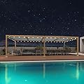 PURPLE LEAF Louvered Pergola 11' x 28' Outdoor Wood Grain Aluminum Pergolas with 48 Clear LED String Lights Adjustable Roof Retractable Patio Rainproof Hardtop Gazebo for Deck Backyard Garden