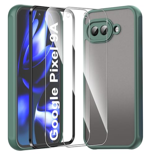 For Google Pixel 9a ケース 2枚ガラスフィルム付き Mosasa Google Pixel 9a カバー マット感 半透明 TPU+PC レンズ保護 薄型 指紋防止 落下防止 安心保護 軽量 全面保護カバー (グリーン)