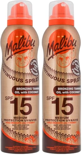 Image of Malibu Sun SPF 15 Continuous Tanning Oil with Coconut Spray, Easy Application, Medium Protection, Moisturising Body Oil Mist, 175ml (Pack of 2)