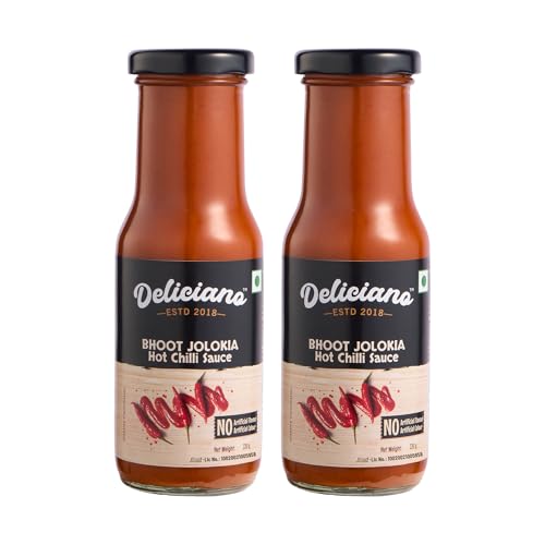 Deliciano Bhoot Jolokia Hot Sauce, Made with India’s Hottest Chillies, No Artificial Colours & Flavours, Fiery, Bold Heat with a Unique Smoky Kick, Perfect for Spice Lovers - 220g (Pack of 2)