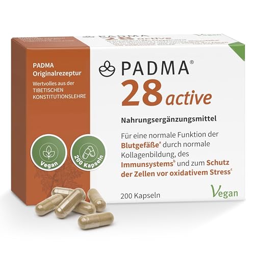 PADMA 28 active 200 Kapseln - Mit Vitamin C - Unterstützung von Blutgefäßen, Immunsystem & Schutz vor Stress - Nach tibetischer Rezeptur mit Kräutern & Mineralien - Vegan, hergestellt in der Schweiz